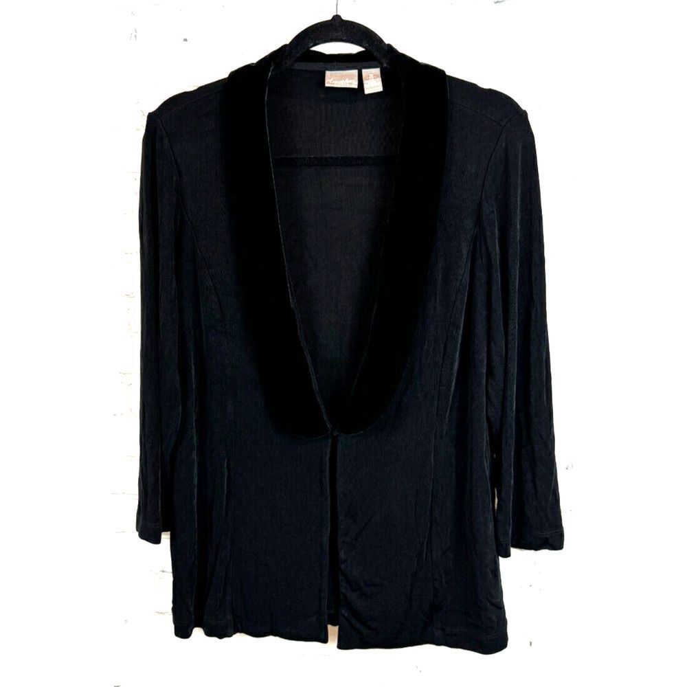 CHICO'S Travelers black acetate velvet collar knit stretch cardigan size 2 L